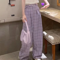 fashion womens pants y2k purple plaid soft kawaii pants loose high waist wide leg plaid trouser suits sweatpants woman clothes