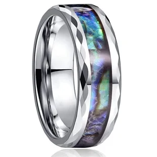 

8mm Tungsten Carbide Rings Abalone Shell Wedding Bands Dome Triple Grooved opal for Men