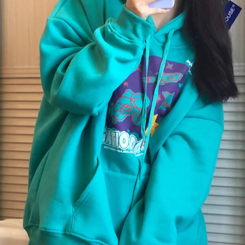 

KOSAHIKI Harajuku Hooded Casual Fleece Women Sweatshirt Cartoon Print Loose Hoodie Spring Autumn Japanese Fashion Tops 11a154
