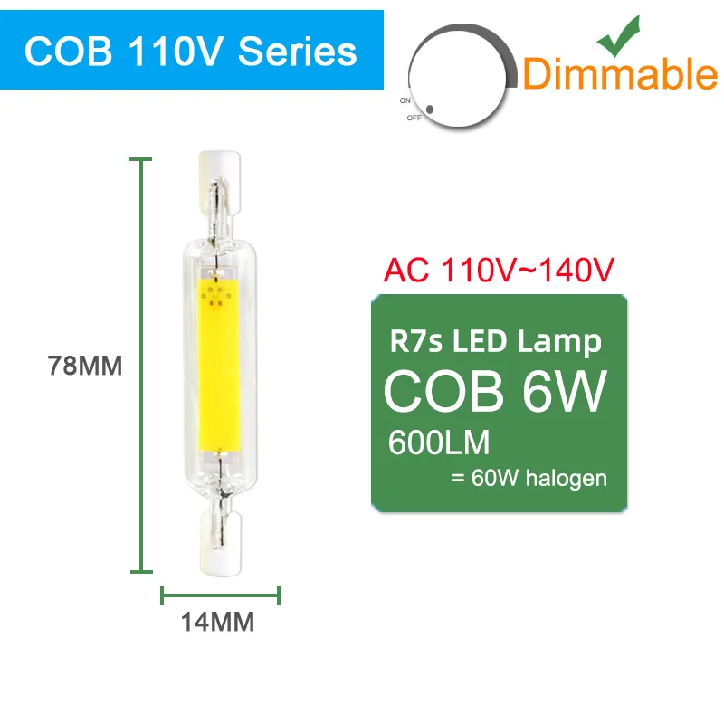 COB 78mm 110V Dim Kaguyahime СВЕТОДИОДНЫЙ R7S лампа 6 Вт 9 Вт 12 Вт 220 В 110 В светодиодный светильник с регулируемой яркостью 78 мм 118 мм 135 мм заменить галогенный светильник Светодиодный точечный светильник - Испускаемый цвет: COB 78mm 110V Dim