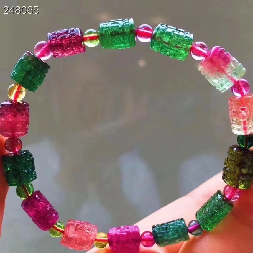 

Genuine Natural Colorful Tourmaline Bracelet Carved Clear Barrel Beads 10x8.2x5.8mm Women Men Tourmaline Genuine AAAAAAA