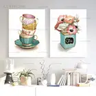 Постеры на холсте с винтажными чайными чашками, с цветочным принтом, Скандинавская живопись для кухни, столовой, настенное украшение, современное искусство, домашний декор