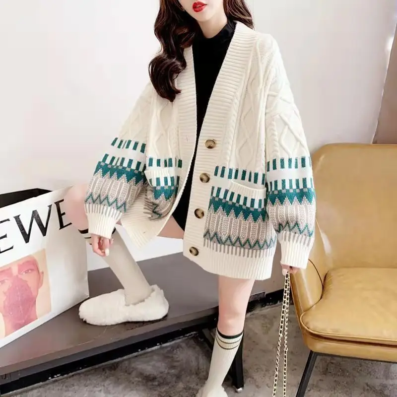 

Autumn Winter Button Knitted Sweater Women New Korean Loose Cardigan Female Fashion Geometry Knitted Coat Women