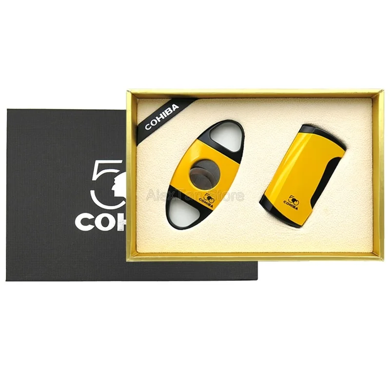 Цвет: желтый COHIBA креативный 50-й юбилей сигары для сигарет; защита от ветра зажигалка 2 фонарь Jet Limited зажигалки резак Бизнес Подарочный набор - Цвет: Цвет: желтый