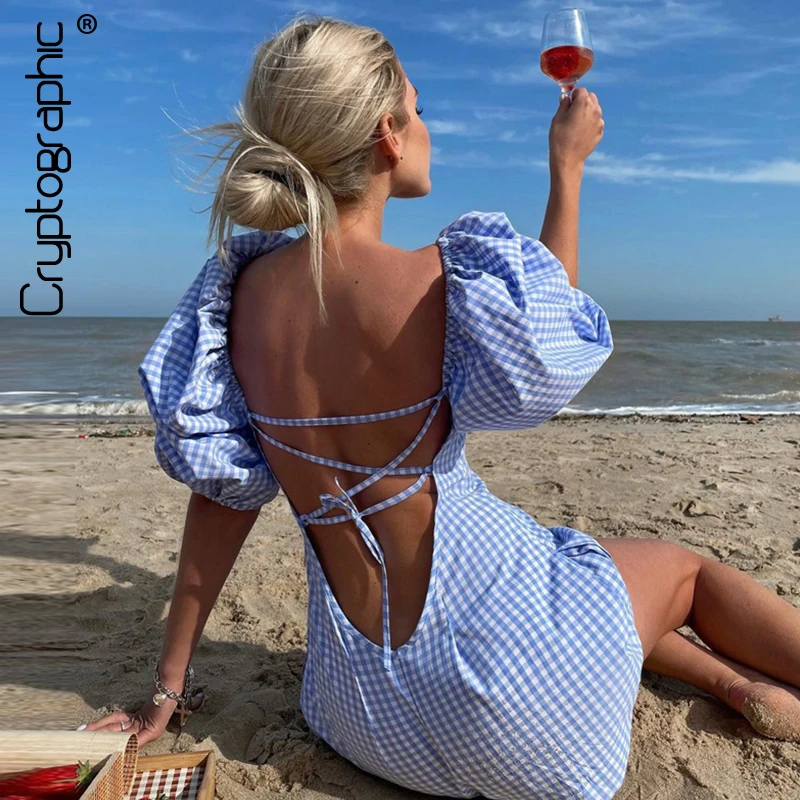 

Cryptographic Chic Puff Sleeve Square Collar Plaid Dress Elegant Summer Sundress Holiday Birthday Sexy Backless Dresses Clothes