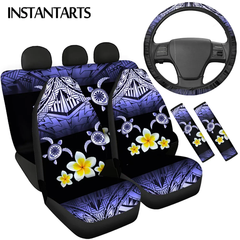 

INSTANTARTS Tribal Totem with Turtles Hibiscus Flower Print Front/Rear Seat Covers Soft Steering Wheel Cover Safety Belt Cover