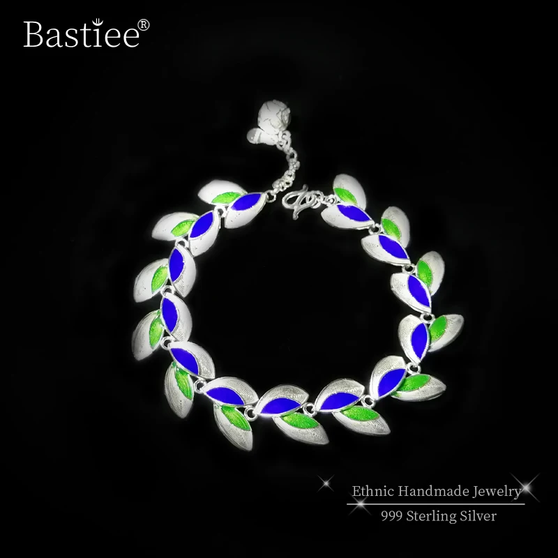 

Bastiee Olive Leaf 999 Sterling Silver Bracelets Cloisonne Enamel Bracelet Luxury Jewelry Green Blue Miao Handmade Ethnic