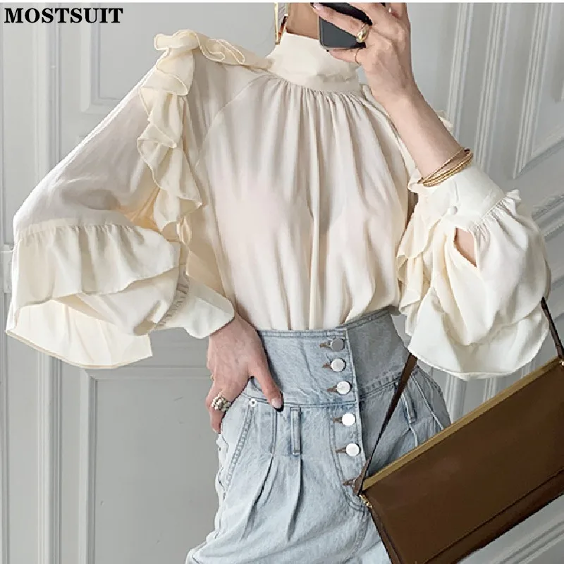 

Chic Stand Collar Women Shirts Tops 2021 Autumn Vintage Loose Full Sleeve Ruffles Female Blouses Solid Ladies Blusas Mujer