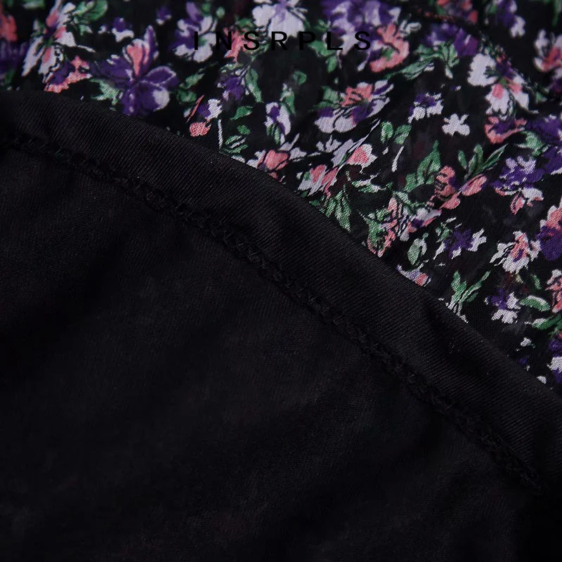 

INSRPLS Women Chic Fashion Floral Print Pleated Mini Dress Vintage Three Quarter Sleeve With Lining Female Dresses Mujer