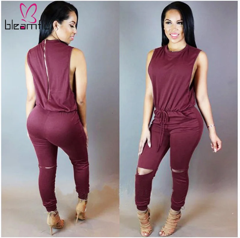 Женский комбинезон с О образным вырезом и высокой талией без рукавов завязками