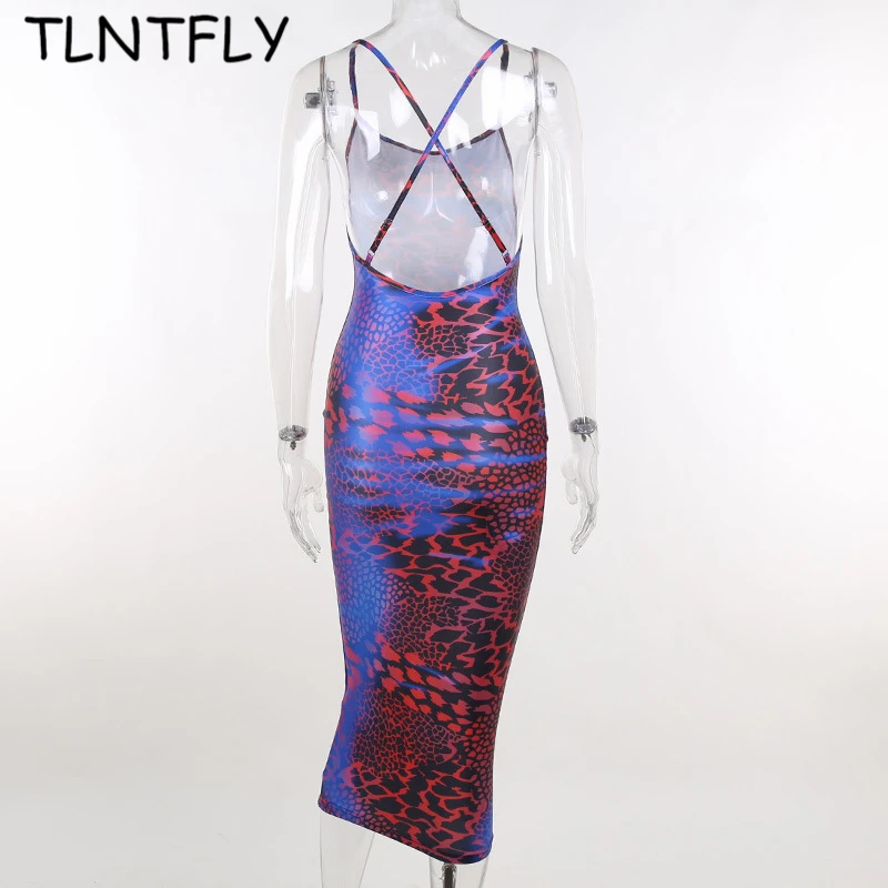 

Women's Print Strap Dresses Sexy Nightclub Backless Outfit Contrasting Color Snake Print Cover Hip Summer Light Mid-Length Dress