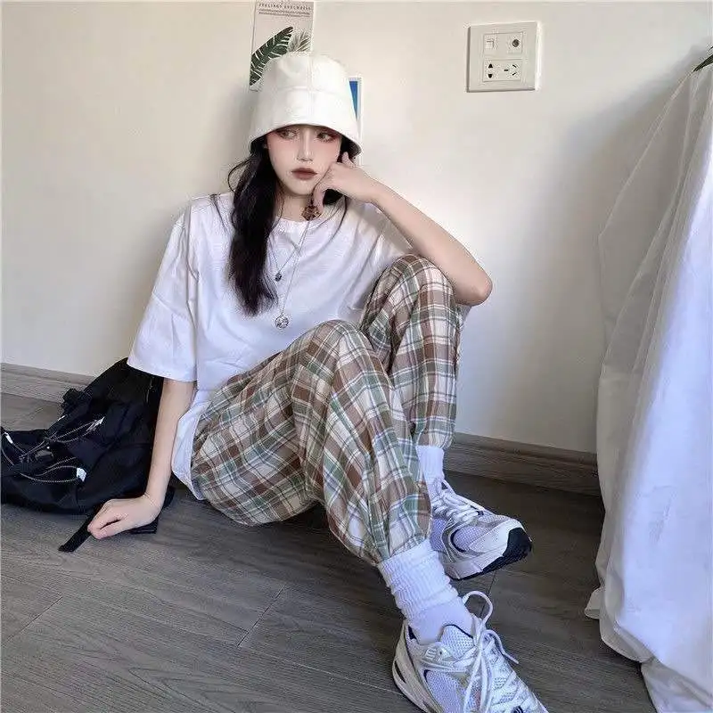 

Hot Checkered Plaint Pants Autumn Fashion Print Casual Pants Harajuku High Waist Wide Leg Pants Loose Oversized Trousers Women