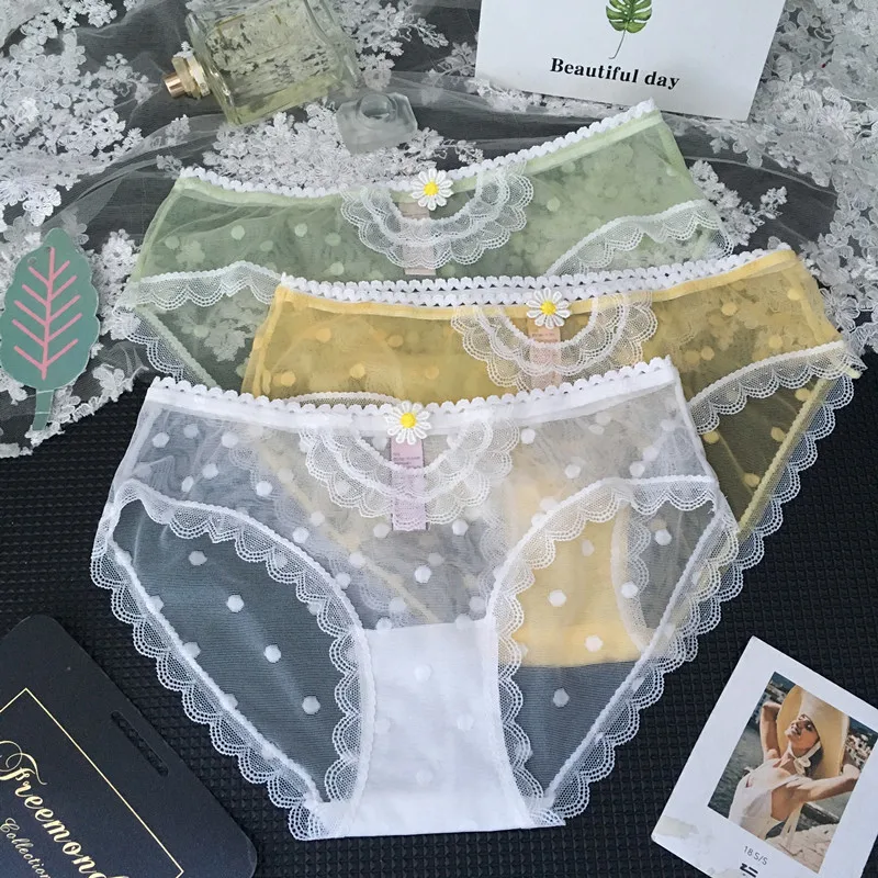 

CHAOZHU 2021 Cute Lingerie Playful Polka Dot Flower Transparent Mesh Panties Sexy Sweet Cozy Breathable Underwear Women Hot Sale