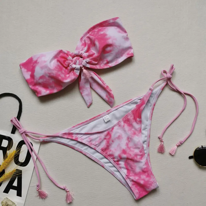 

WTCandy 2021 New Tassel Tie Dye Bikini Sexy Bandeau Swimsuit Women Pink Yellow Blue Swimwear Bandage Biquini String Bathing Suit