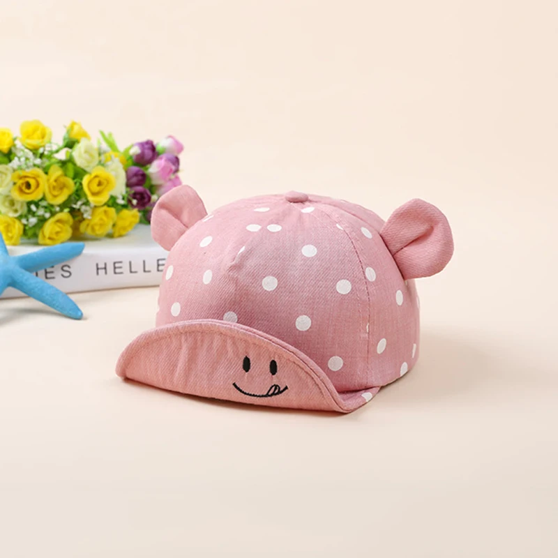 

Hylidge Soft Cotton Baby Cap Cute Dot Sun Hat for Baby Kids Caps with Ear Spring Autumn Embroidered Smiley Brim Toddler Cap