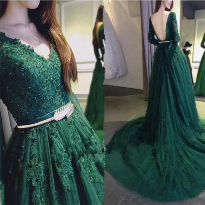 

Dark Green Evening Dresses with Sash V Neck Robe De Soiree Lace Applique Sexy Open Back Bride Party Long Prom Vestidos De Novia