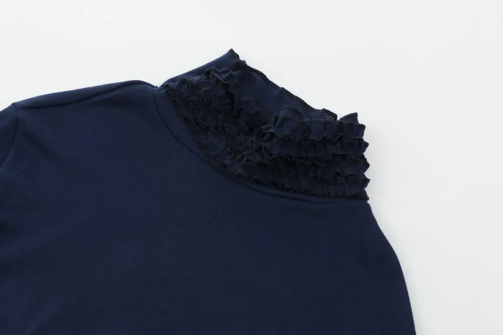 

Fashion Solid Colors Women T-shirts Long Sleeve Slim Turtle Neck Shirts Women Ruffles Tops