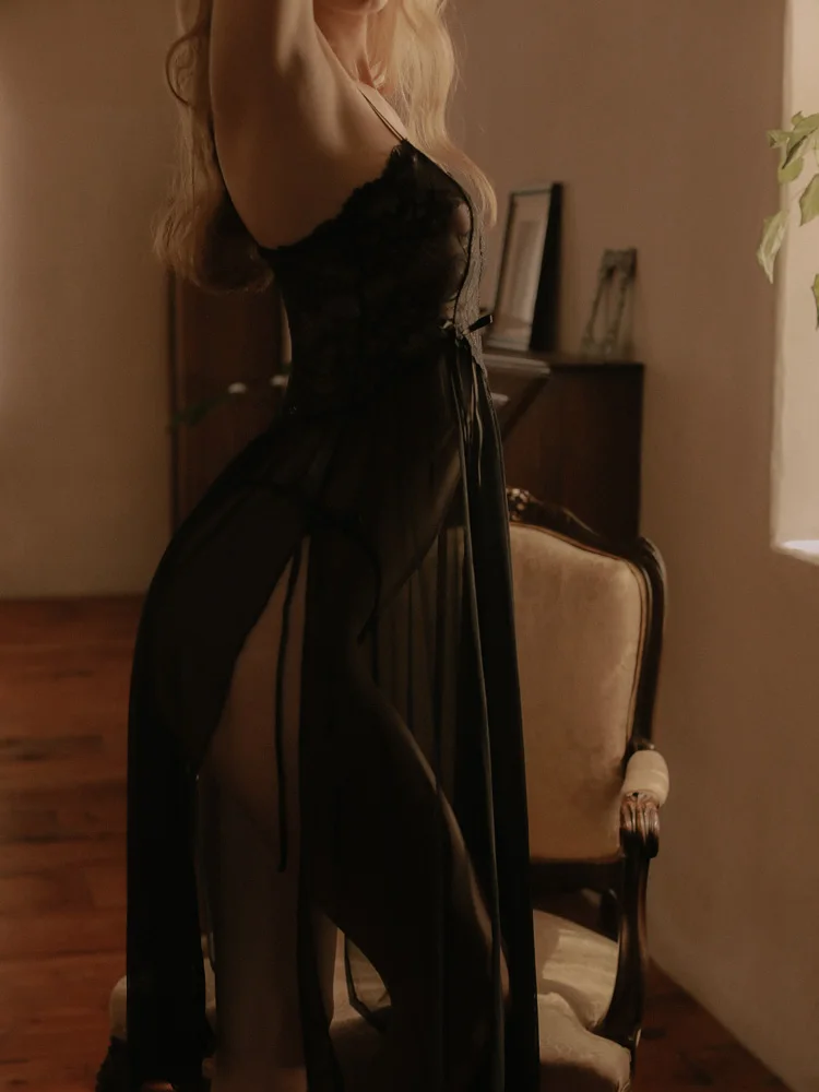 Летняя Сексуальная кружевная Женская длинная ночная рубашка с длинным рукавом