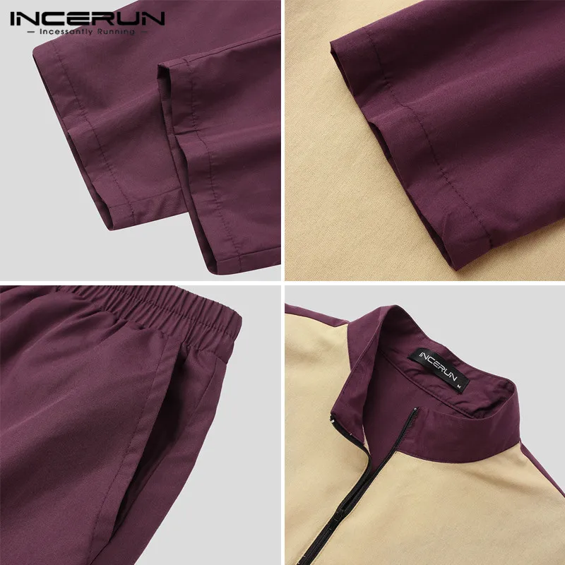 

Vintage Muslim Sets Men Patchwork Stand Collar Long Sleeve Long Tops Islamic Kaftan Pants Middle East Casual Men Suits INCERUN