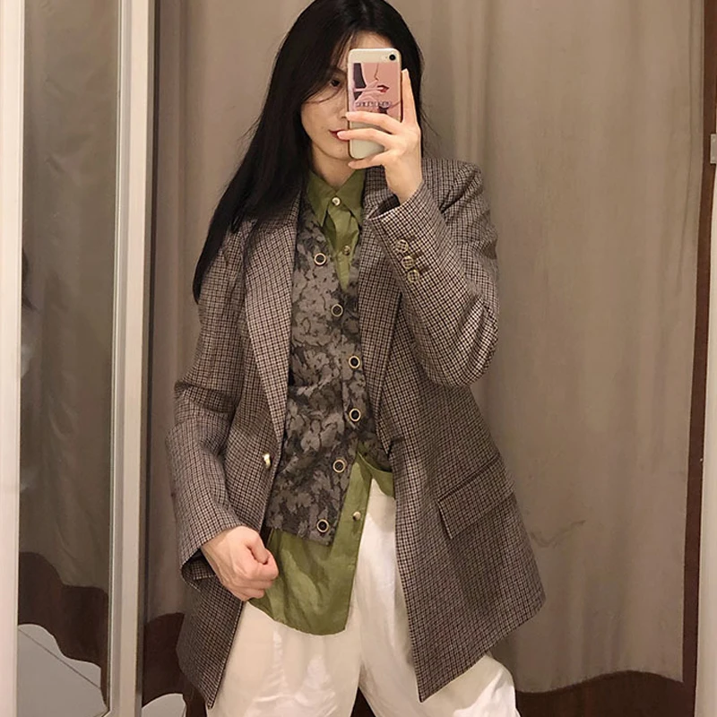 Женский шерстяной Блейзер в клетку винтажный пиджак на пуговицах шикарная