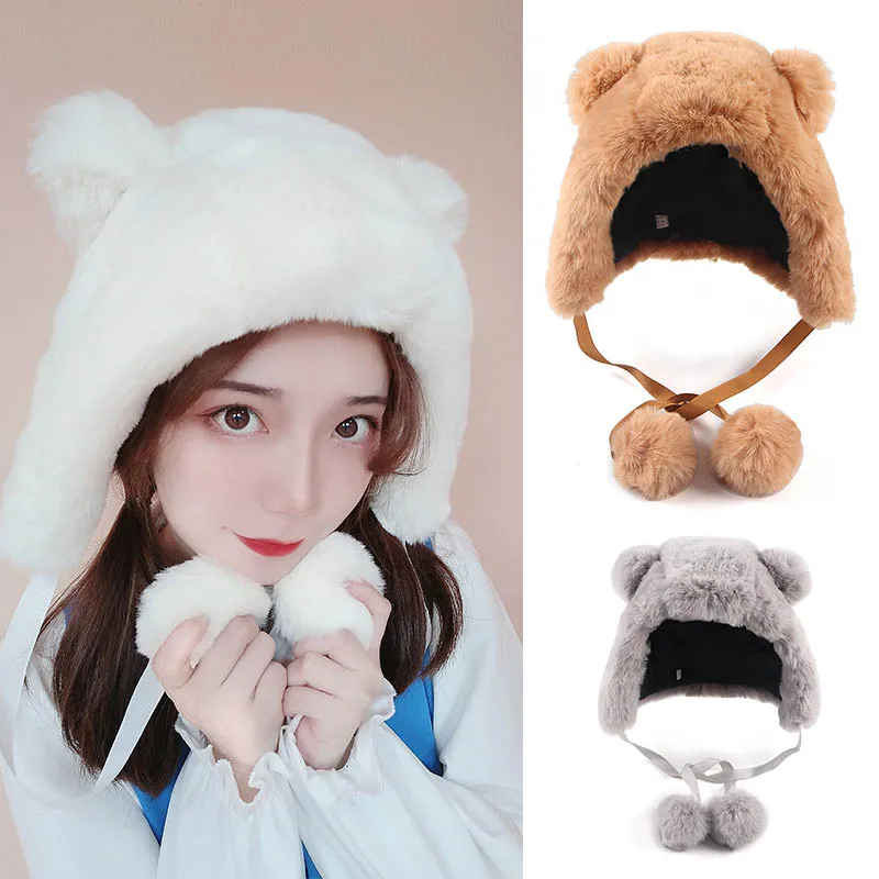 

Cute Bear Ears Beanie Women Winter Hats Autumn 2021 Warm Plush Faux Fur Earflaps Snow Cap Women Girls Hat Skullies Beanies
