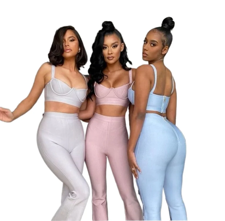 

Urban Camis Zipper Casual Pant Suits Two Piece Set for Women Halter Sling Tank Top High Waist Flared Sexy Wrapped Chest Trousers