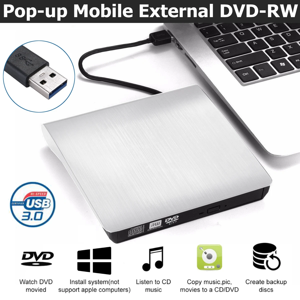 

Внешний DVD-привод USB 3.0, портативный оптический проигрыватель для CD DVD RW, записи, записи, совместимый с Windows 10, ноутбуками и iMacs