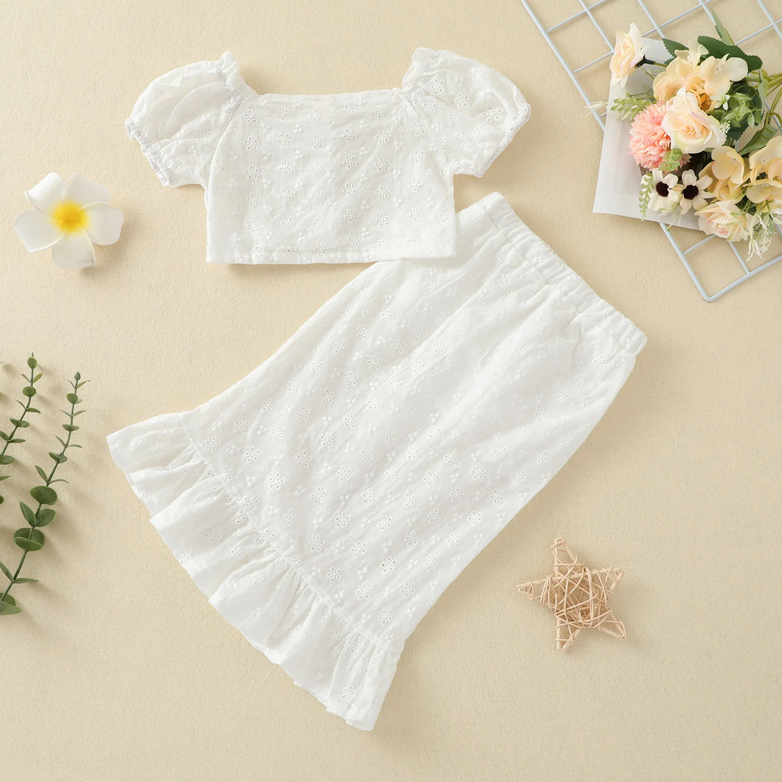 

Toddler Summer Outfits Baby Girls Solid Color Short Sleeve Square Collar T-shirt Ruffle Skirt