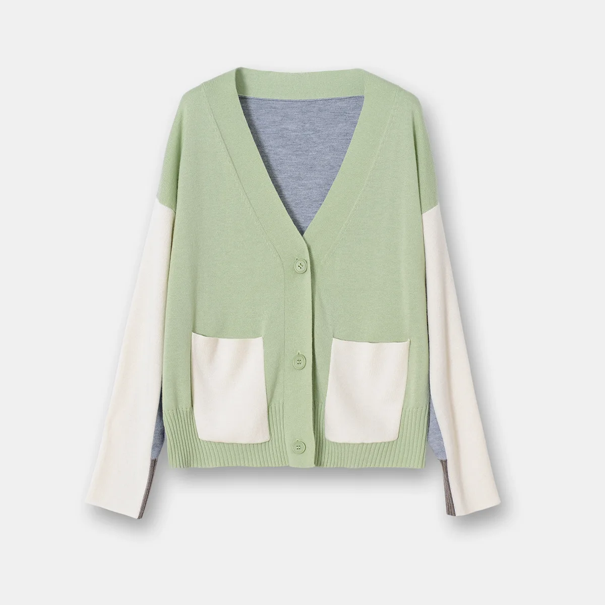 

Sweater 2021 Women Fall New Product Loose Colorblock Cardigan Bean Green/Ivory Grey