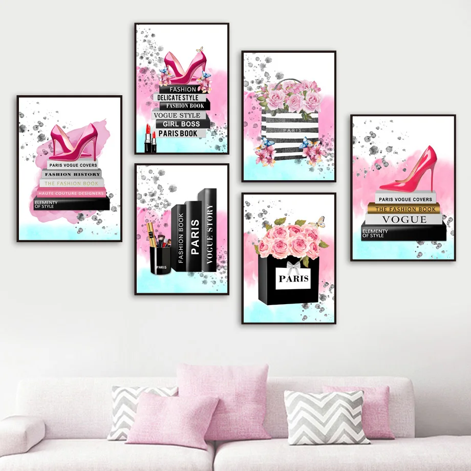 Модная книга на высоком каблуке с бабочкой и цветком настенная живопись холсте