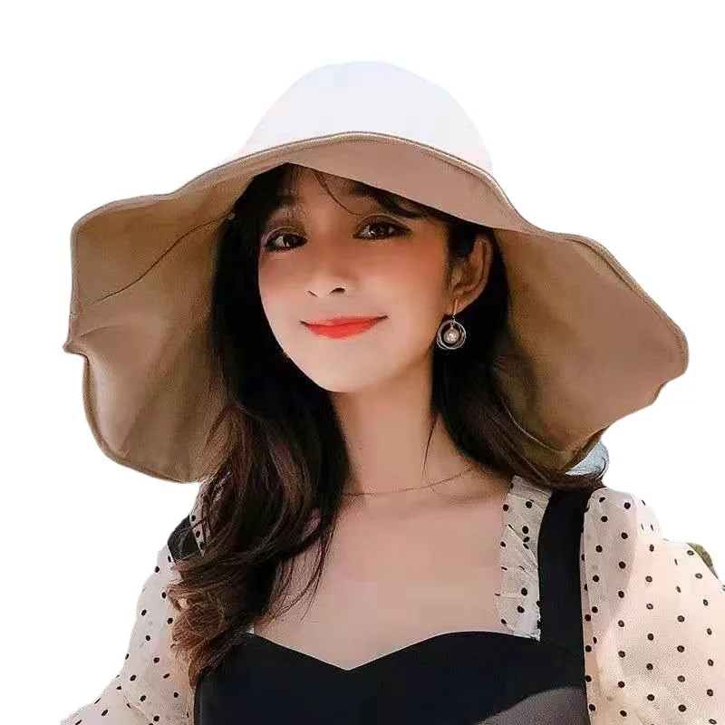 

2021 Solid color 15cm extra large eaves sunscreen fisherman's Hat Women's double-sided fisherman's Hat Women's hat