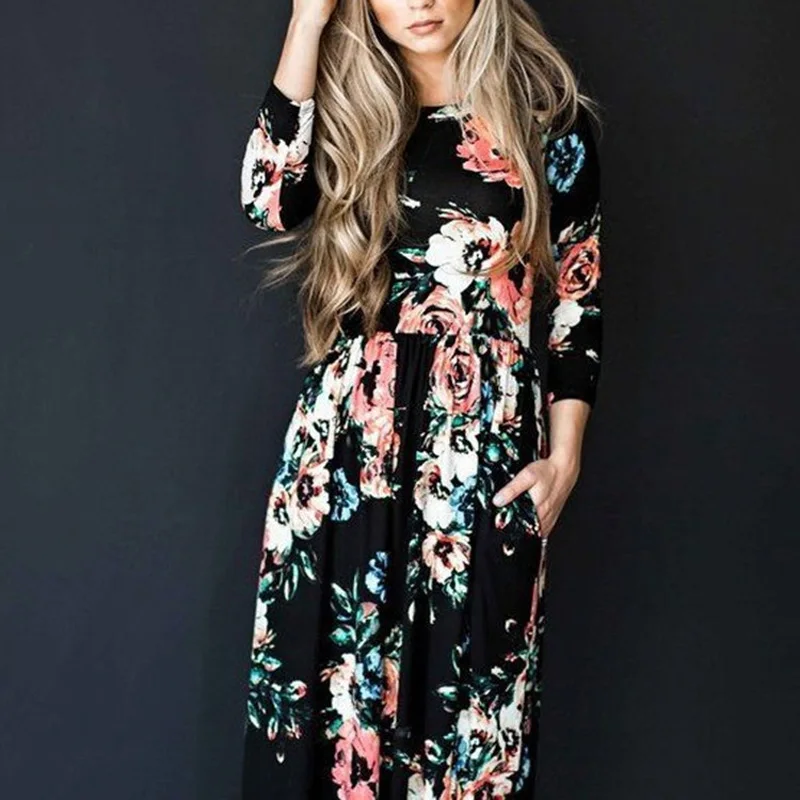 Womens Loose Floral Printed Round Neck Long Sleeve Cocktail Maxi Dresses | Женская одежда