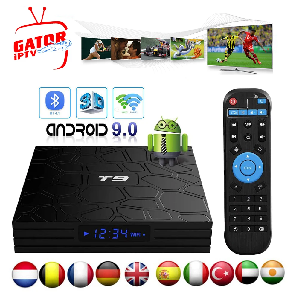 T9 ТВ приставка Android 9,0 Смарт приставка+ 1 год Gator IP tv подписка Европа 4K HD 2,4G& 5,8 GHZ Wifi Meida плеер домашняя IP ТВ приставка