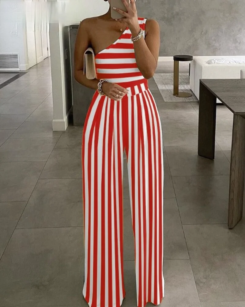 

2021 summer new fashion women's one-shoulder striped print high-waist jumpsuit
