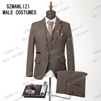 jeltonewin winter classic brown tweed mens suits for wedding formal business blazer wool groom tuxedo 3 piece terno masculino