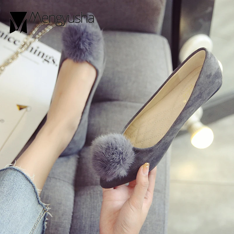 Размера плюс с бубоном меховые шарики туфли лодочки на высоком каблуке плоской