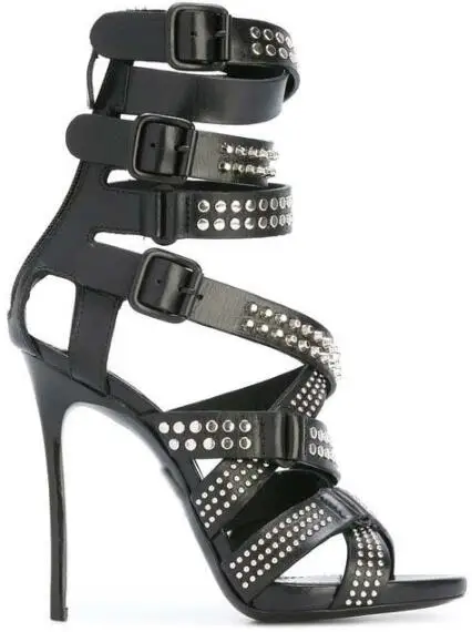 

Summer Black Leather Buckles Rivet Cross Cuts Out 12 CM Thin Heels Sandals Woman Sexy Open Toe Zipper Back Party Dress Shoes
