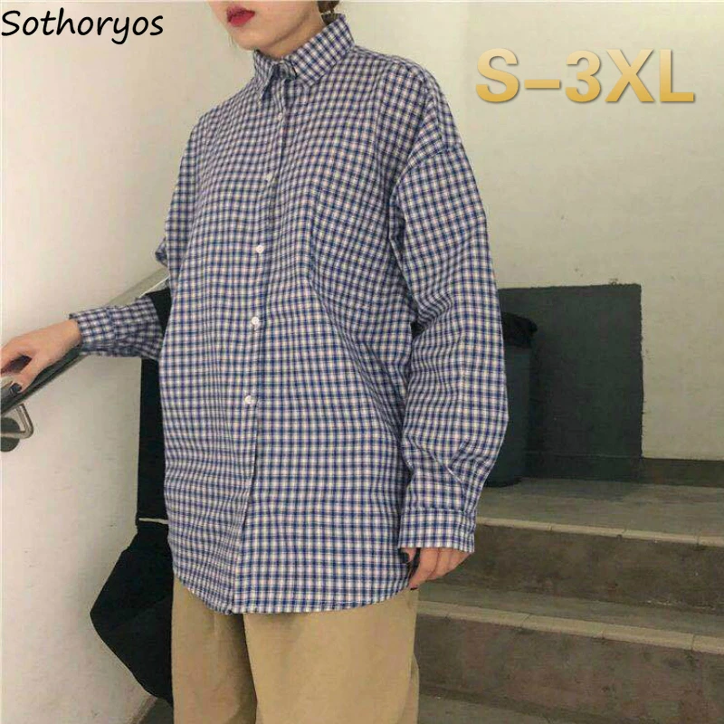 

Shirts Women Plaid All-match Loose Square Neck Plus Size 3XL Korean Style Students Casual Daily Streetwear Leisure Simple Chic