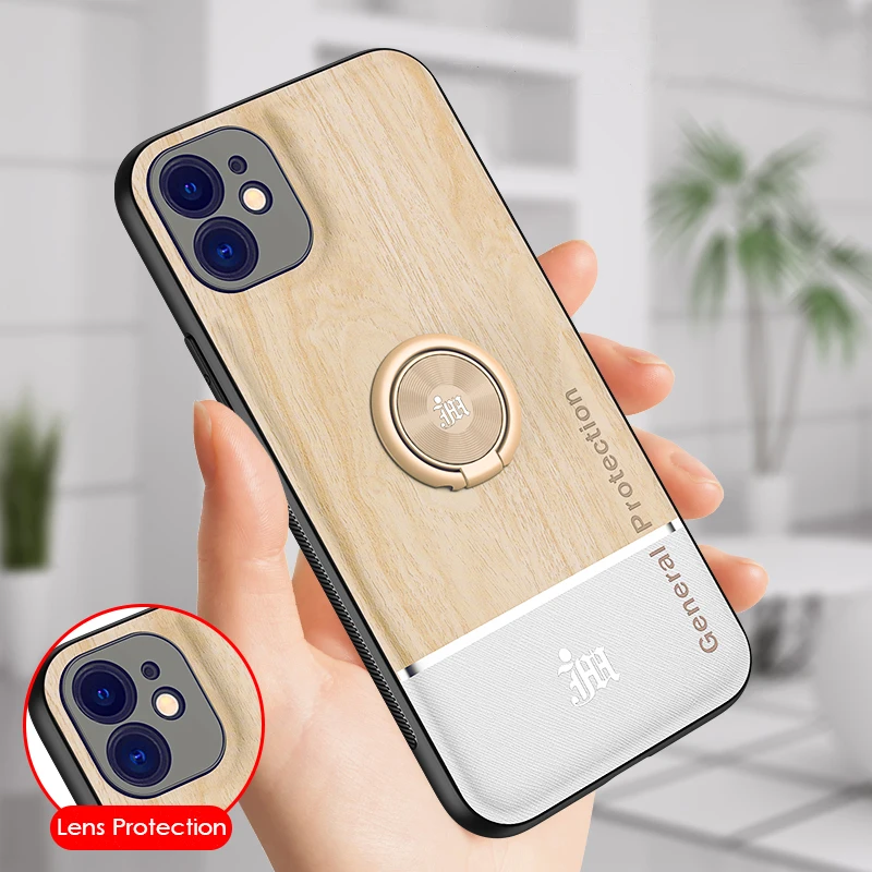 Автомобильный чехол с магнитным кольцом-держателем под дерево для iPhone 11 Pro X XS Max SE