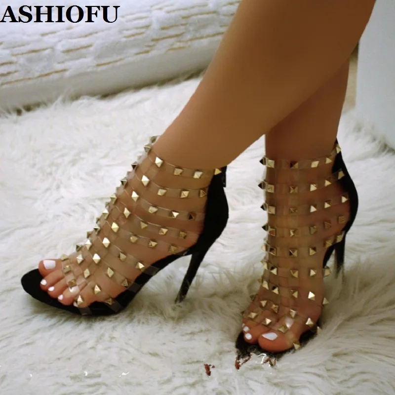 

ASHIOFU New Arrival Ladies High Heel Sandals PVC-leather Gold Rivets Spikes Party Shoes Night-club Dance Evening Fashion Sandals