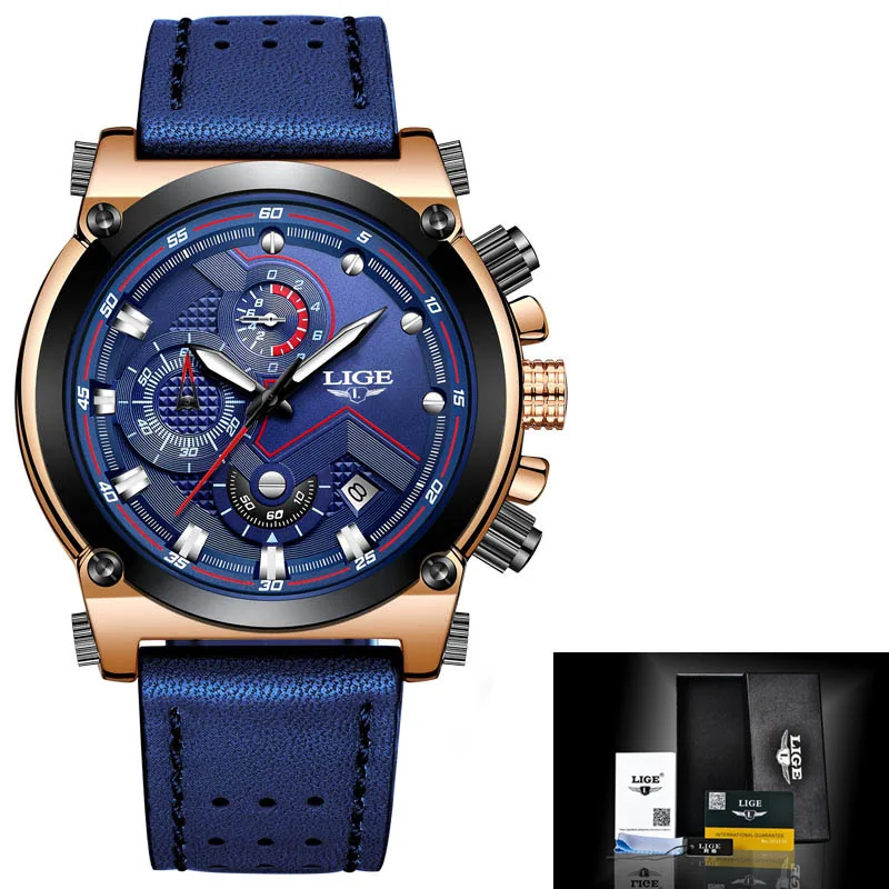 All blue Relojes hombre LIGE мужские часы Топ бренд класса люкс повседневные спортивные кварцевые часы мужские кожаные военные светящиеся водонепроницаемые наручные часы - Цвет: All blue