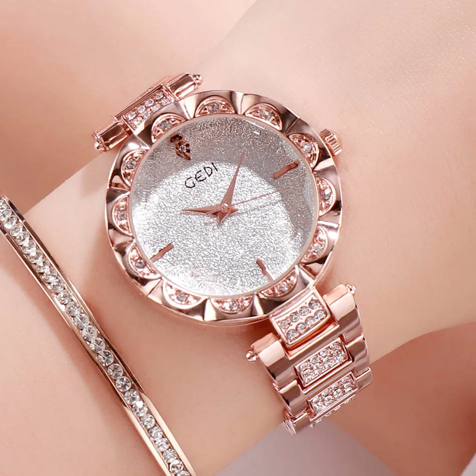 Rosegold white GEDI брендовые роскошные женские часы из розового золота, женские модные часы с кристаллами, полностью стальные женские часы, relogio feminino horloge dames - Цвет: Rosegold white