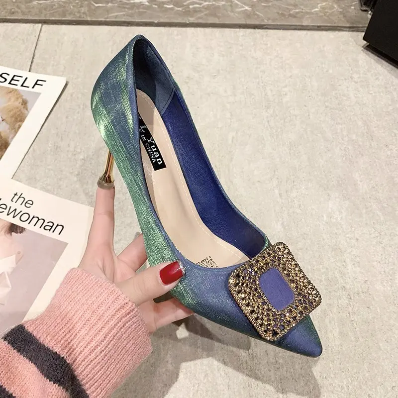 

XIXIYIPIN Fashion Rhinestone Gradient Shoes for Women Bling Bling Temperament Woman Pumps 8cm High Heels Pointed Toe Mules