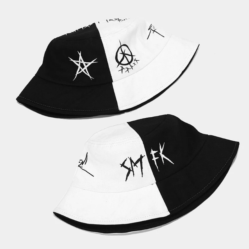 

Unisex Black White Color Block Hip Hop Bucket Hat Graffiti Star Print Panama