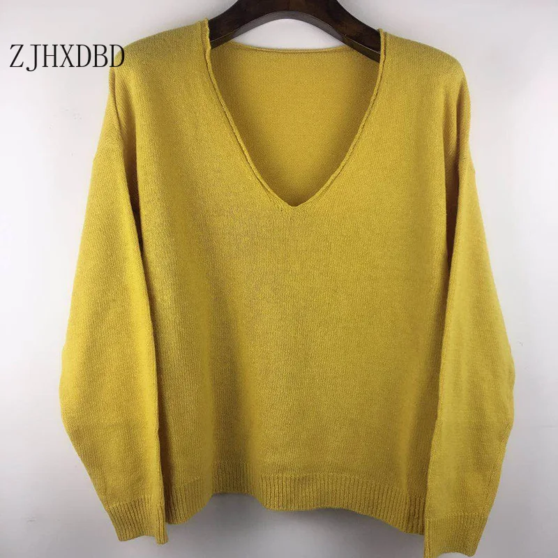 

Women Knitted Pullover 2020 Autumn Sexy V-Neck Long Sleeve Solid Oversized Sweater Casual Loose Solid Female Clothes Tops Women