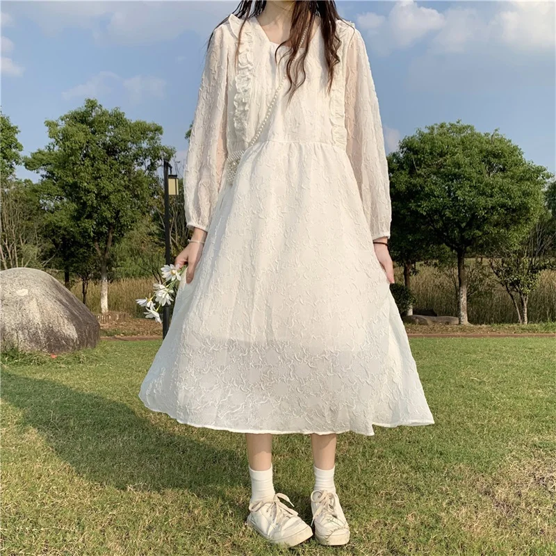 

2022 New Spring Fairy Women White Dress Japanese Sweet Cute Kawaii Girl Long Sleeve Solid Chiffon Lace Stitching Dresses Female