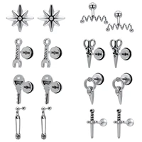 aoedej 8 styles stainless steel stud earrings for men women scissors key hip hop punk rock ear earrings piercing jewelry gifts