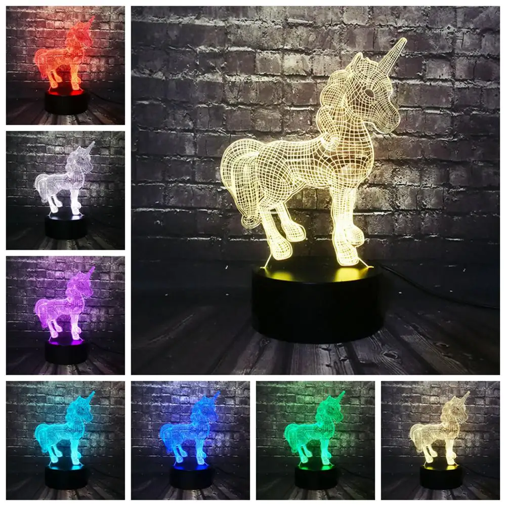 Креативный новый 2019 3D светодиодный светильник ночник с единорогом лошадкой RGB