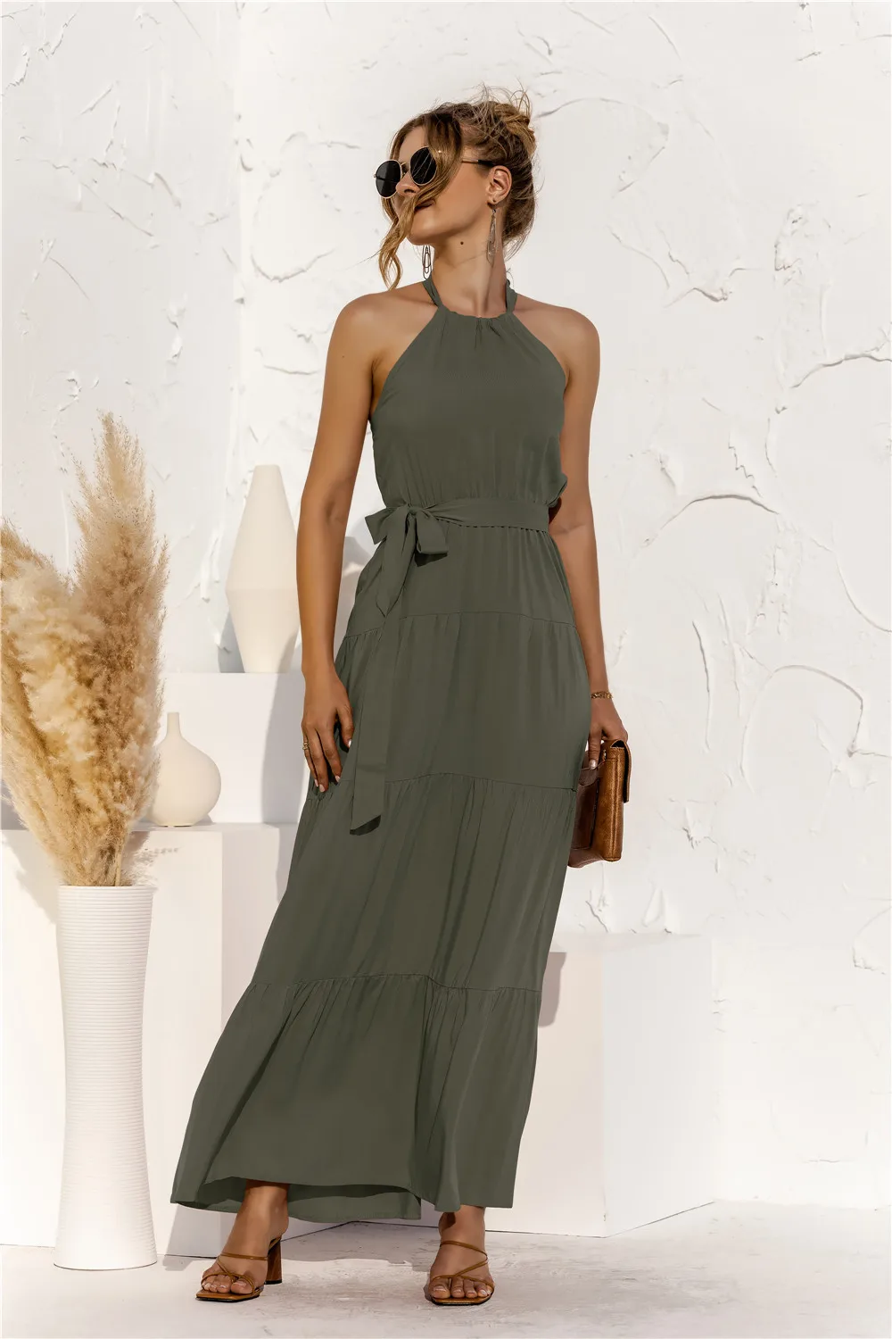 

2021 Summer Bohemian Dress Sexy Halter Neck Lace Up Backless Dress Women Beach Solid Color A Line Party Dresses Vestidos mujer