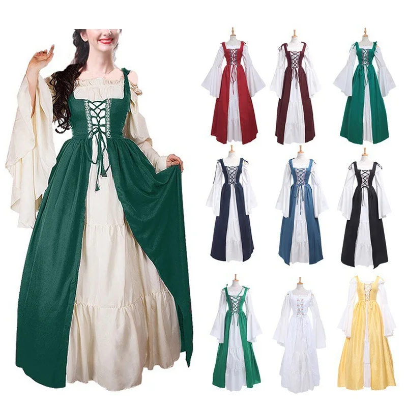 

Plus Size Women Long Sleeve Lace Up Medieval Renaissance Maxi Dress Vintage Palace Square Neck Dresses Size S-5XL Gift Hot